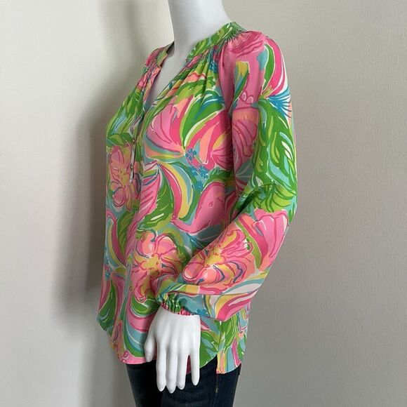Lilly Women's Elsa Silk Blouse Size XXS Pink Green Elephant Print So A Peeling - Picture 5 of 10